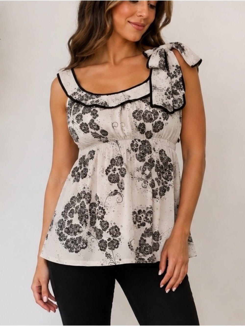 Bow Shoulder Floral Babydoll Y2K Top Cream/Black Sz S